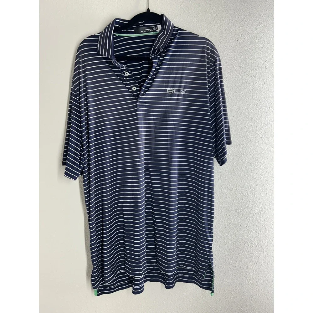 RLX Ralph Lauren Polo Shirt Mens‎ Navy Blue Striped Golf Performance Size XL